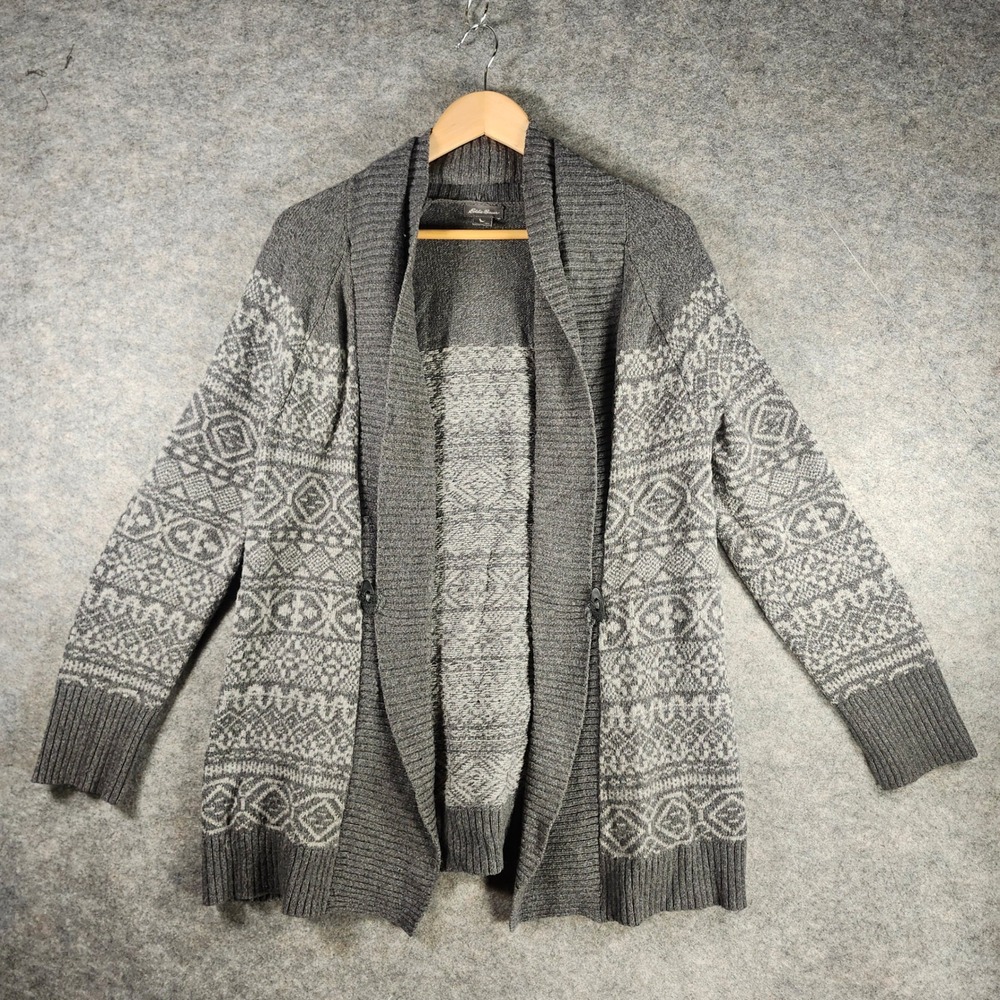 Eddie Bauer Women's Fair Isle Knit Cardigan Sweater Heather Gray M Wool Blend